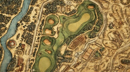 Obraz premium Aerial view of a golf course nestled in a landscape with a river.