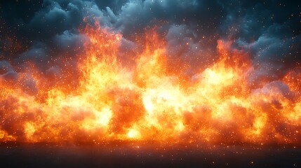 Fiery inferno raging beneath a tempestuous sky and dense smoke wallpaper image