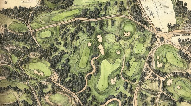 Vintage aerial view of a golf course, showing fairways, greens, and trees.
