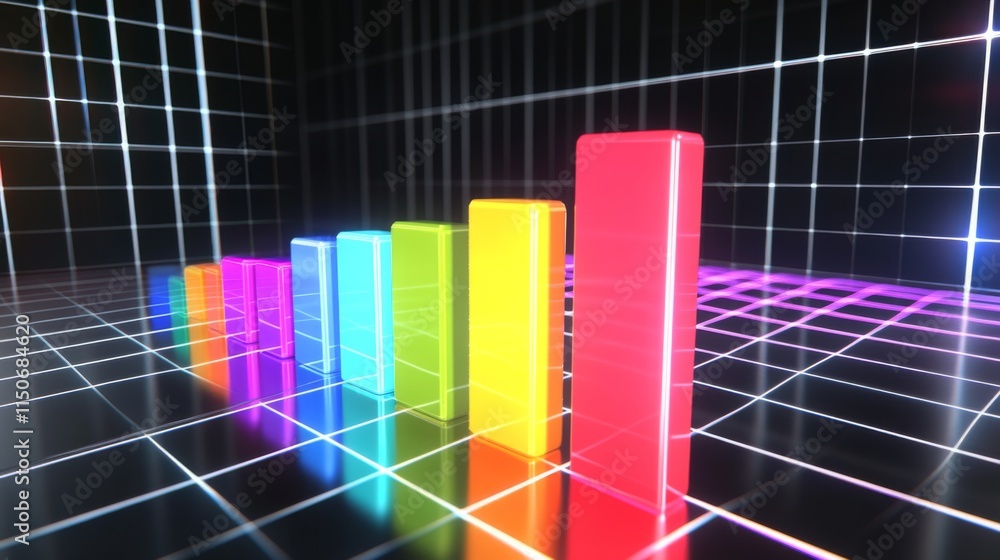 Poster Colorful 3D Bar Graph on Neon Grid Background for Data Visualization