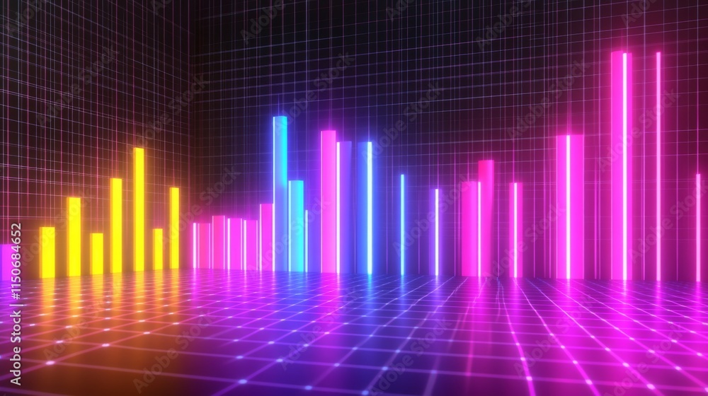 Poster colorful neon bar graphs display on a dark background with grids