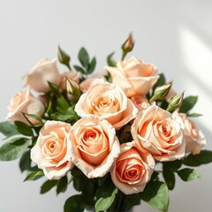 A beautiful arrangement of peach and pink roses with lush greenery on a white background, floral art, peach roses, rose bouquets