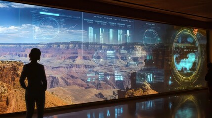 Woman silhouetted against a large screen displaying a scenic landscape with overlaid data visualizations.