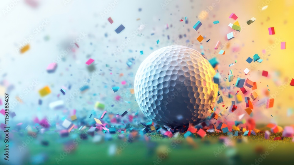 Poster golf ball exploding with colorful confetti on green.