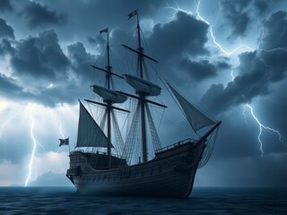 Fototapeta premium An old sailing ship with three masts under a stormy sky with clouds and lightning, cloudy skies, wooden hulls, boat docks, ocean waves