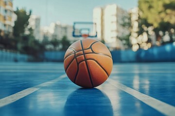 Orange basketball resting on a blue outdoor court in an urban setting, inviting competition and...