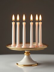 Fototapeta premium A set of six unlit birthday cake candles in a row on a tiered cake stand, cake arrangement, festive decor, birthday cake, party supplies, party decorations