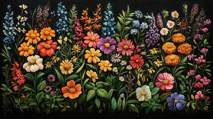 Fototapeta premium Vibrant Floral Composition with Colorful Blooms and Green Leaves