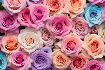 Seamless Pattern of Multicolored Roses in Full Bloom, A vibrant seamless pattern of multicolored roses, featuring shades of pink, blue, purple, and peach, creating a romantic and artistic floral backg