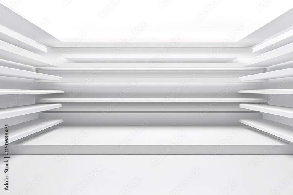 Poster empty white shelves and a platform create a modern and abstract space, ideal for showcasing products