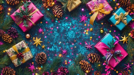 Colorful holiday background with gifts and seasonal elements