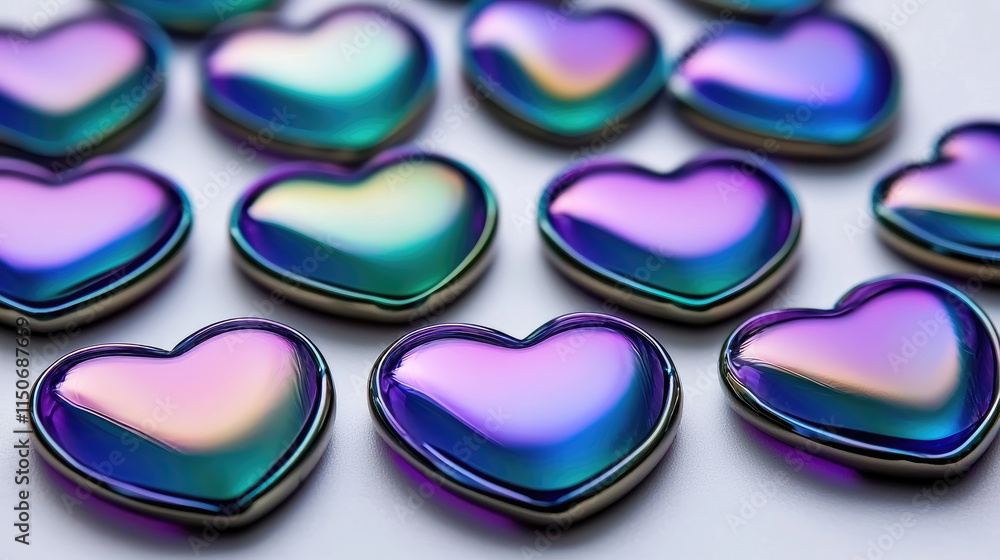 Poster shiny heart shaped decorations in vibrant pastel colors create mesmerizing pattern. these glossy acc