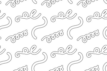 Seamless black and white pattern featuring abstract swirls, loops, and curved lines, ideal for coloring pages and crafts.