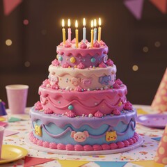 A 3D rendering of a birthday cake with detailed decorations and a festive design on a clean background

