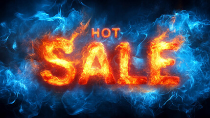 HOT SALE text in fiery orange with blue flames around. Concept of promotion, excitement, and urgency. For digital marketing campaigns