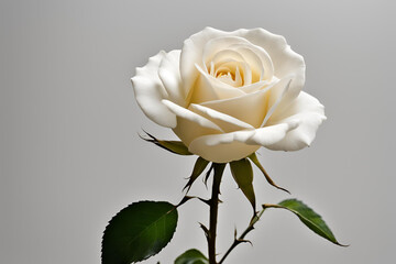 Elegant White Rose in Close-Up Against a Soft Background, A delicate white rose in full bloom, captured in a close-up against a soft, neutral background, symbolizing purity and elegance