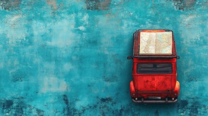 Overhead view of a rusty red vintage car with a map on its roof, against a teal textured background.
