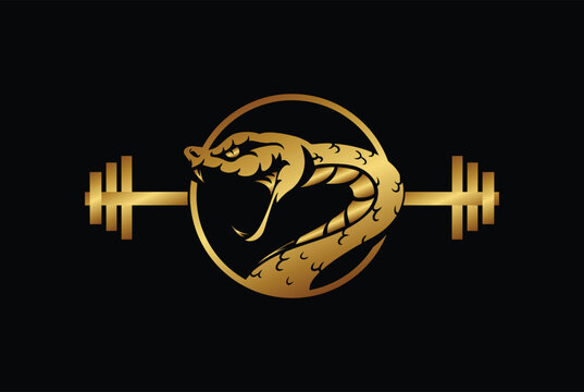 Vintage Python Cobra Anaconda Viper Mamba Snake with Barbell for Gym Fitness Sport Club Logo vector Icon design illustration.