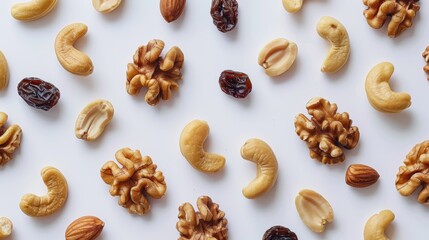 Assorted Nuts and Dried Fruits Scattered on White Background
