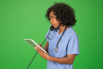 African woman doctor using digital tablet while consulting on phone