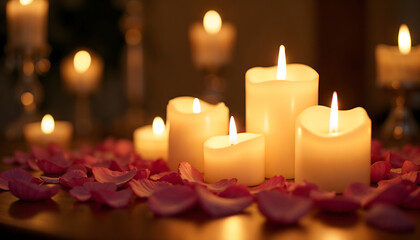 Soft white candlelight creating an intimate atmosphere with rose petals scattered on the table for Valentine's Day