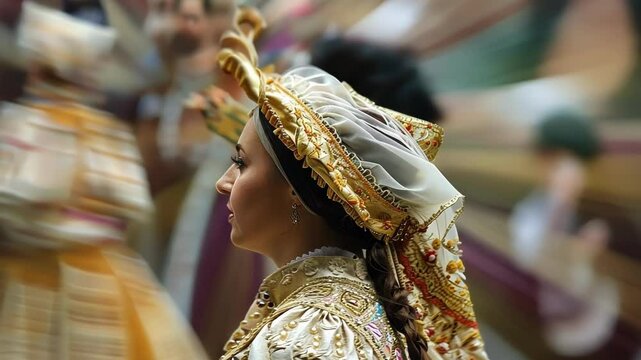 Blurry glimpses of historic reenactors in intricate garb.