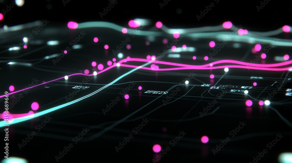 Poster abstract data visualization with neon lines and colorful dots