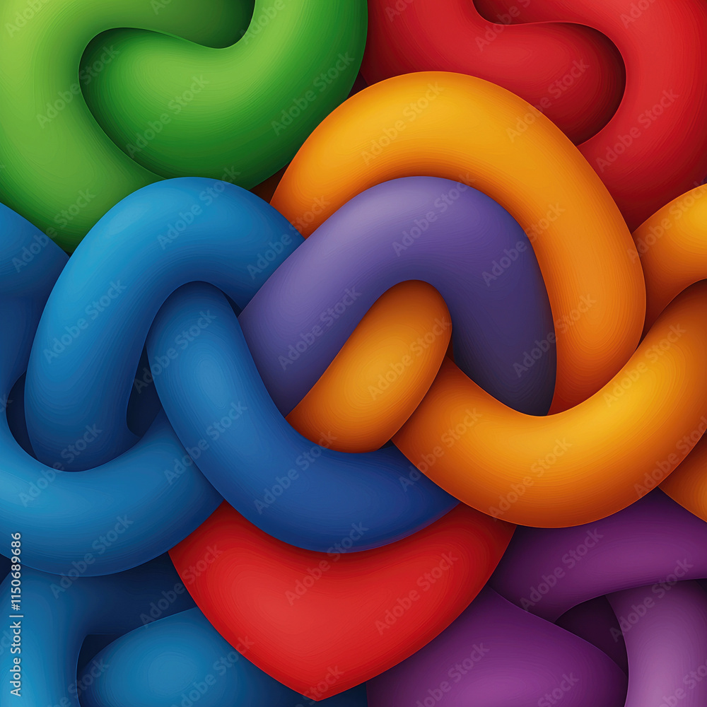 Poster seamless pattern of interlocking colorful hearts in vibrant hues, creating playful and cheerful desi