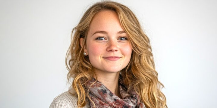 A young woman with beautiful blonde hair and a friendly smile. She wears a stylish scarf. This image captures a warm and inviting expression perfect for personal branding. AI