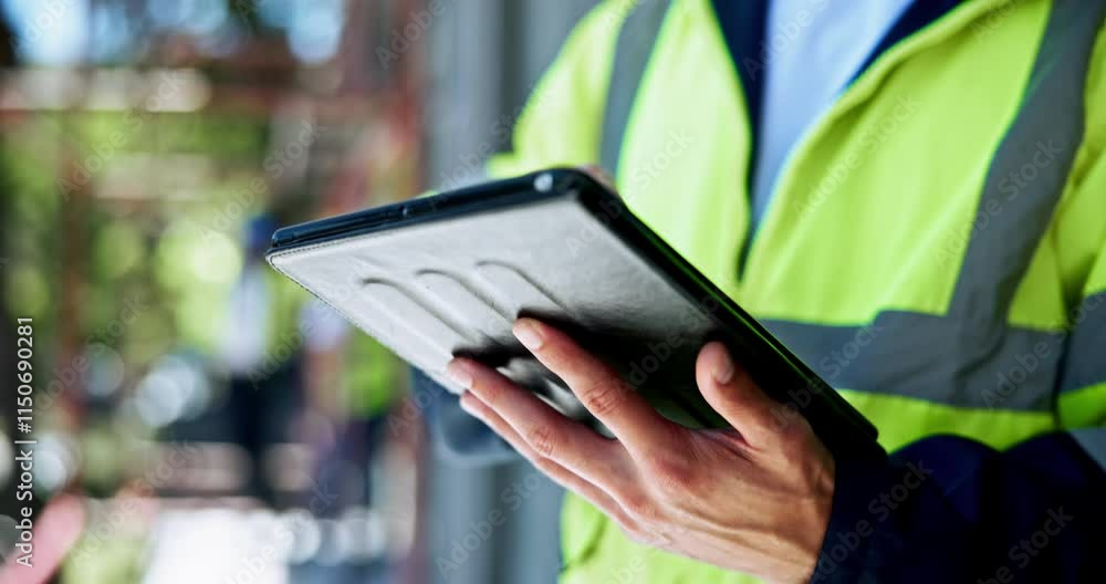 Poster hands, engineering and person with tablet, architecture and planning with project management. closeu
