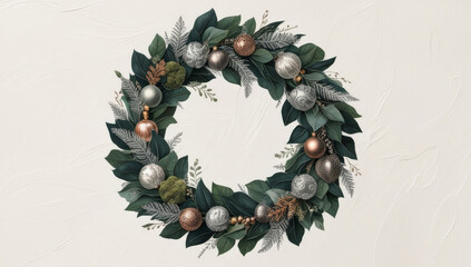 Festive wreath adorned with silver, gold, and bronze ornaments surrounded by greenery is displayed against a light-colored wall. Perfect for seasonal holiday decorations