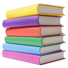 A stack of colorful hardcover books with simple designs and clean spines, isolated on transparent background
