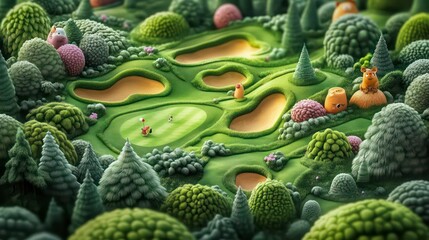 Whimsical miniature golf course nestled in a lush, vibrant forest with cartoonish animals.