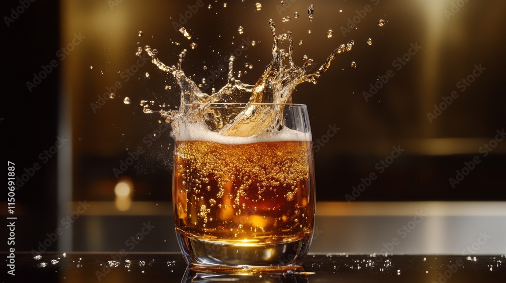 Poster splashing drink in glass with bubbles and ice cubes in focus