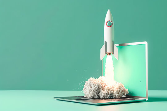 White rocket is launched into the air, leaving a trail of smoke behind it. Concept of excitement and wonder, as if the rocket is taking off into the unknown. The bright colors of the rocket