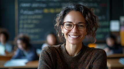 Candid school class portrait of a female teacher in a classroom with copyspace