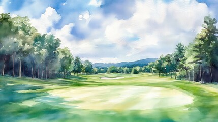 Obraz premium Sunny watercolor painting of a golf course with green grass, trees, and blue sky.