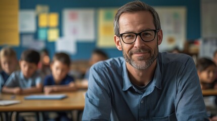 Obraz premium Candid school class portrait of a male teacher in a classroom with copyspace