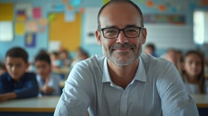 Fototapeta premium Candid school class portrait of a male teacher in a classroom with copyspace