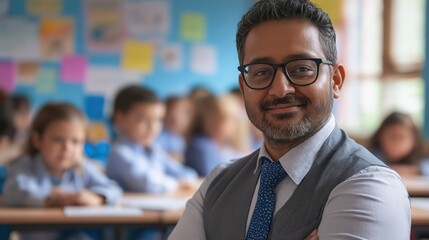 Candid school class portrait of a male teacher in a classroom with copyspace