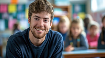 Fototapeta premium Candid school class portrait of a male student or young teacher in a classroom with copyspace