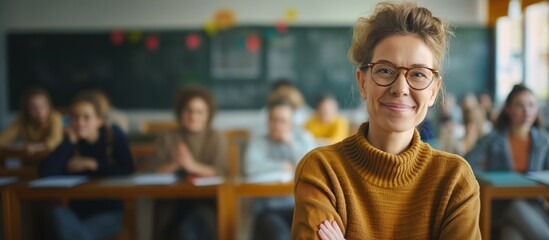 Candid school class portrait of a male teacher in a classroom with copyspace