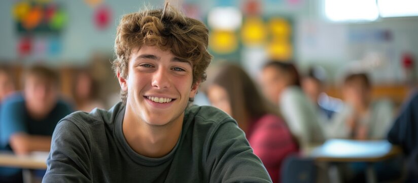 Candid school class portrait of a male student or young teacher in a classroom with copyspace