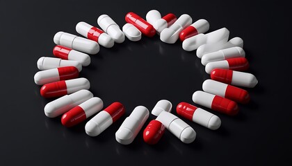 A minimalist layout of white and red pills arranged in a circular pattern on a solid black surface