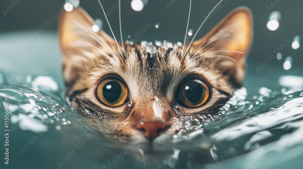 Poster Curious Cat Gently Floating in Water with Splashes and Drops