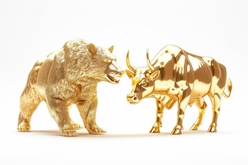 Obraz premium gold bear and a bull are standing next to each other. The bear on the left is larger than the bull on the right, stock market concept