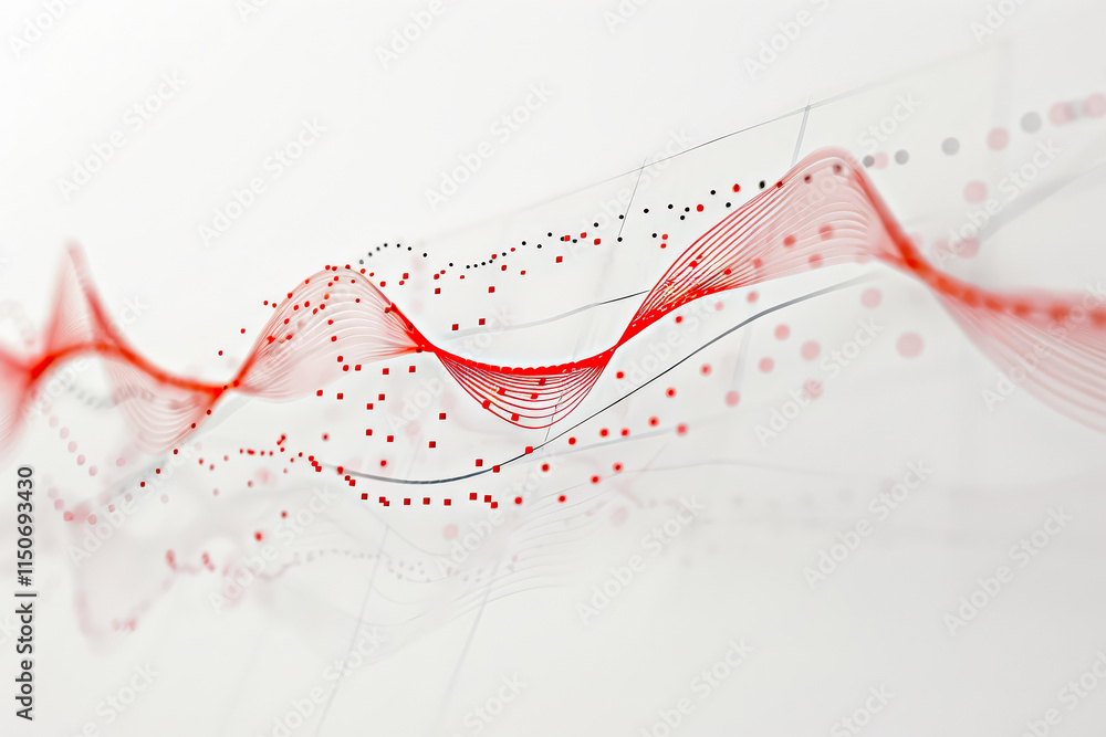 Poster colorful wave with many dots is displayed on a white background. the wave is a mix of red and white,