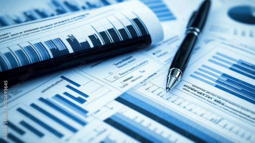 Aufkleber professional business reports with charts and graphs on desk