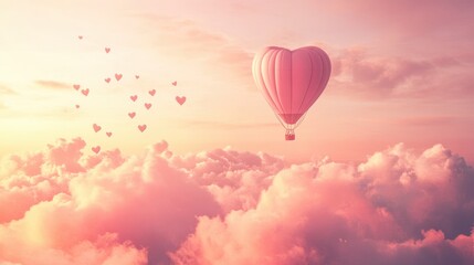 Obraz premium Romantic hot air balloon in heart shape with flying hearts and clouds on pink gradient.