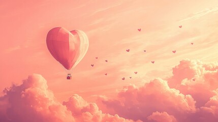 Fototapeta premium Romantic hot air balloon in heart shape with flying hearts and clouds on pink gradient.